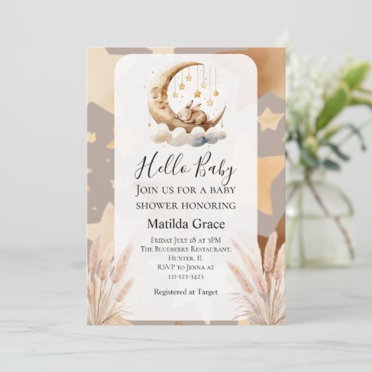 Oh Baby Halve Maan Konijn Uitnodiging (Staand voorkant)