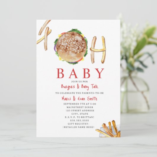 Oh Baby Hamburger en Fries Co Ed Baby shower Invi Kaart (Staand voorkant)