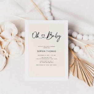 Oh Baby Heart Font Minimal Soft Beige Baby shower Kaart