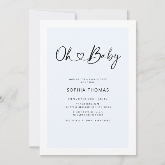 Oh Baby Heart Font Minimal Soft Blue Baby shower Kaart (Voorkant)