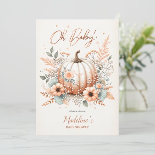 Oh Baby! Herfst Pompoen Baby shower Blush Bloemen Kaart (Staand voorkant)