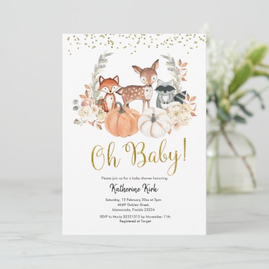 Oh Baby Herfst Woodland Pumpkin Baby shower Kaart (Staand voorkant)