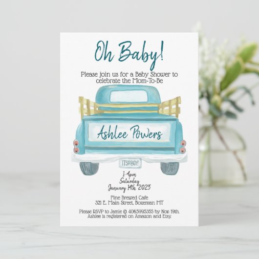 Oh Baby Het is een baby shower uitnodigingswagen v Kaart (Staand voorkant)
