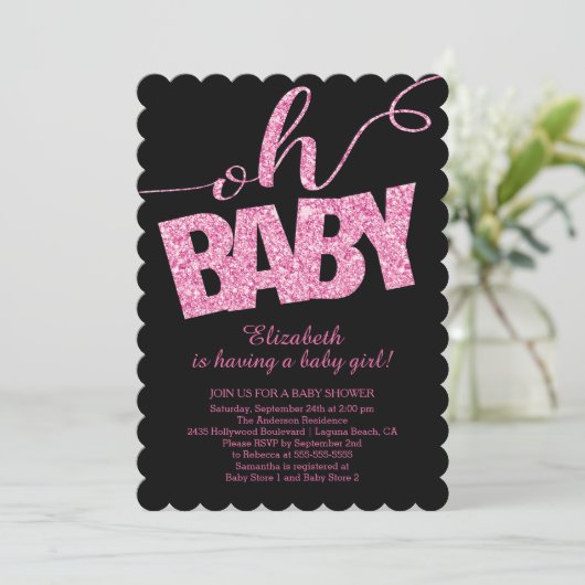 Oh Baby! Hot Pink Glitter Baby shower Invitation Kaart (Staand voorkant)