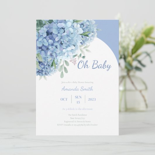Oh Baby Hydrangea Dusty Blue Baby shower Kaart (Staand voorkant)