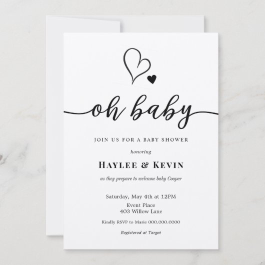 Oh Baby Kalligrafie Douche uitnodiging (Voorkant)