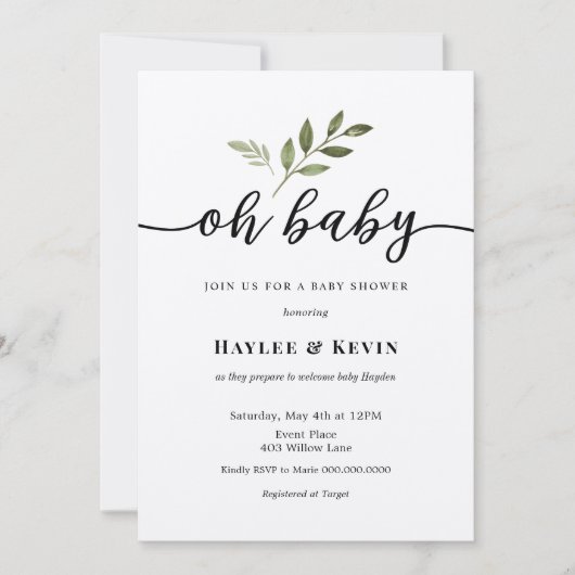 "Oh Baby" Kalligrafie Green Douche uitnodiging (Voorkant)