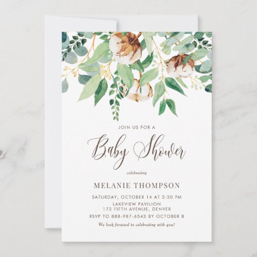 Oh Baby katoenen bloesems en Eucalyptus Baby showe Kaart (Voorkant)