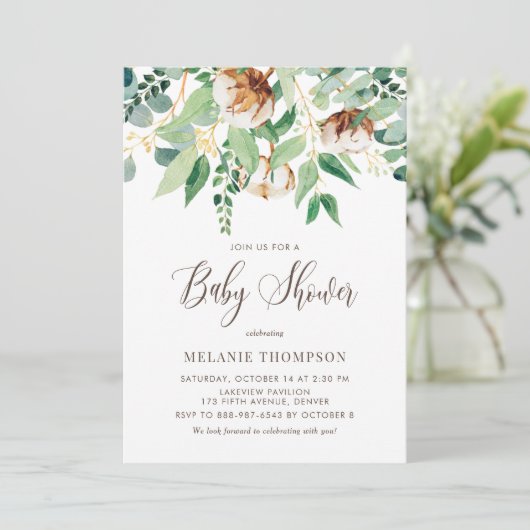 Oh Baby katoenen bloesems en Eucalyptus Baby showe Kaart (Staand voorkant)