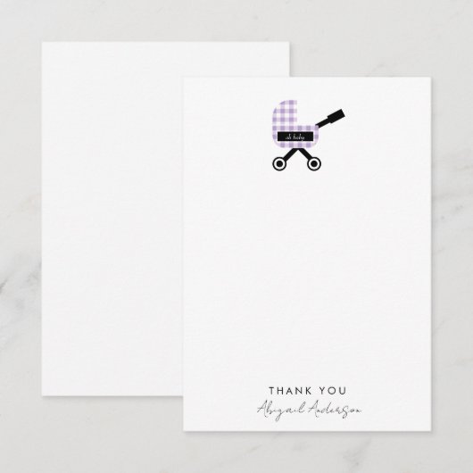 Oh Baby Lavender Gingham Pram Baby shower Bedankkaart (Voorkant / Achterkant)