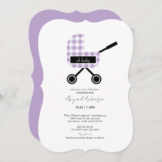 Oh Baby Lavender Gingham Pram Baby shower Bracket Kaart (Voorkant / Achterkant)
