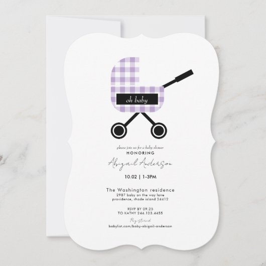 Oh Baby Lavender Gingham Pram Baby shower Bracket Kaart (Voorkant)