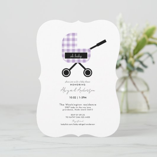Oh Baby Lavender Gingham Pram Baby shower Bracket Kaart (Staand voorkant)
