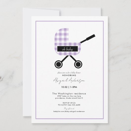 Oh Baby Lavender Gingham Pram Baby shower Kaart (Voorkant)