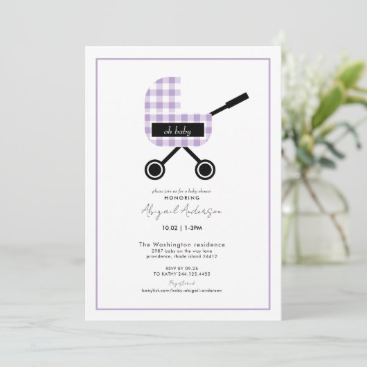 Oh Baby Lavender Gingham Pram Baby shower Kaart (Staand voorkant)