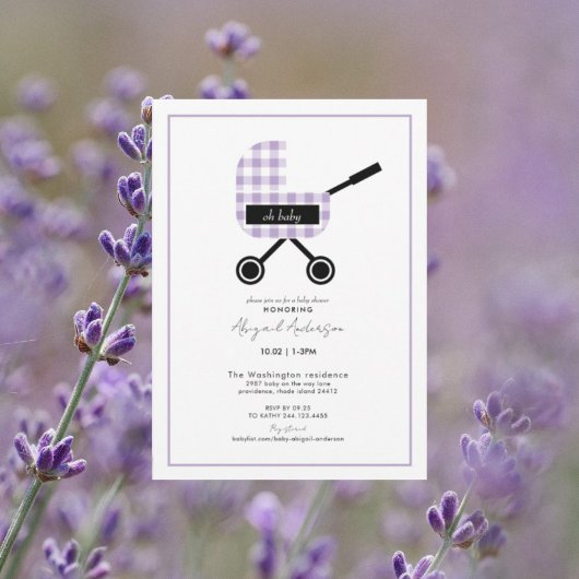 Oh Baby Lavender Gingham Pram Baby shower Kaart