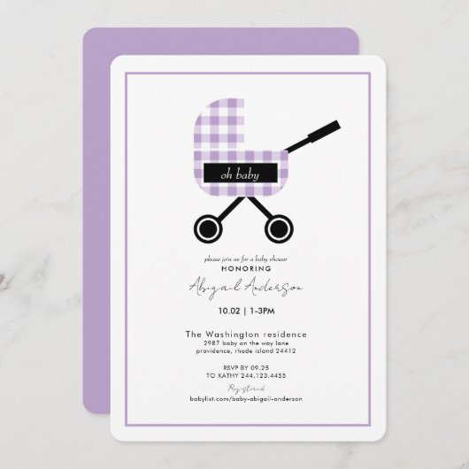 Oh Baby Lavender Gingham Pram Baby shower Rond Kaart (Voorkant / Achterkant)