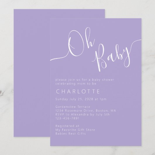 Oh Baby Lavender Paars Genderneutraal Baby shower Kaart (Voorkant / Achterkant)