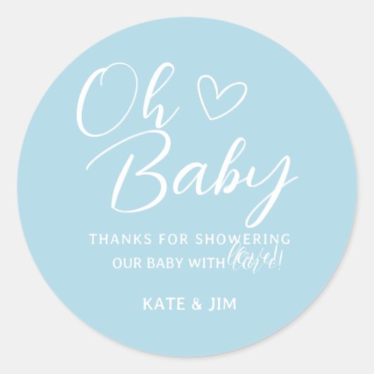 Oh Baby lichtblauw Baby shower Dank u Ronde Sticker (Voorkant)