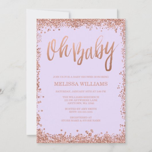 Oh Baby Lila Faux Roos Gouden Glitter Baby shower Kaart (Voorkant)