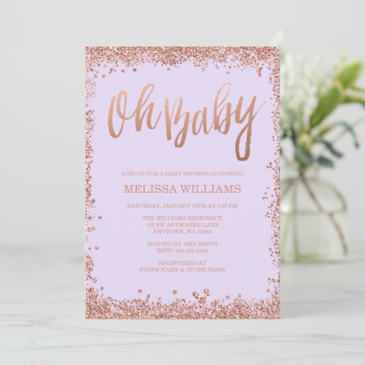 Oh Baby Lila Faux Roos Gouden Glitter Baby shower Kaart (Staand voorkant)