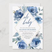 Oh baby marine blauw wit bloemenjongen baby shower kaart (Voorkant)
