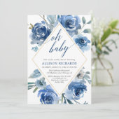 Oh baby marine blauw wit bloemenjongen baby shower kaart (Staand voorkant)