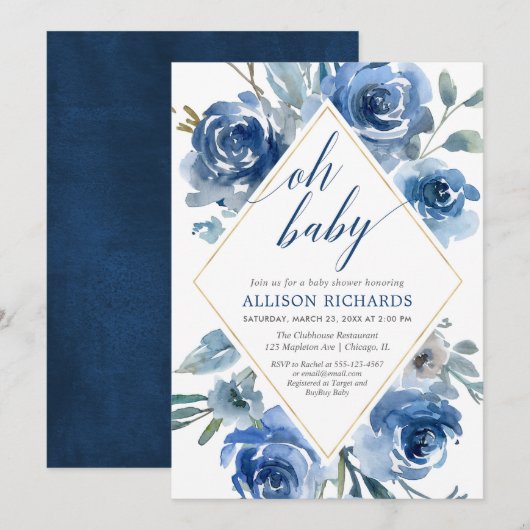 Oh baby marine blauw wit bloemenjongen baby shower kaart (Voorkant / Achterkant)