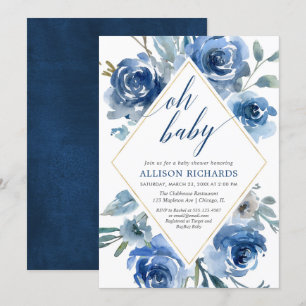 Oh baby marine blauw wit bloemenjongen baby shower kaart