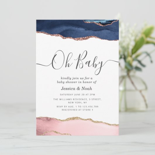 Oh Baby marine blush agaat baby shower uitnodiging (Staand voorkant)