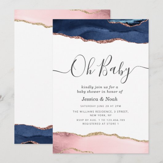 Oh Baby marine blush agaat baby shower uitnodiging (Voorkant / Achterkant)