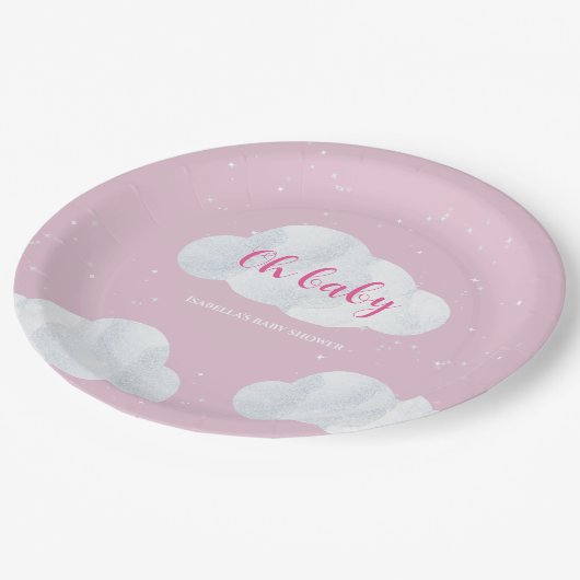 Oh Baby Meisje Pink Clouds Sky Stars Baby shower Papieren Bordje (Gekanteld)