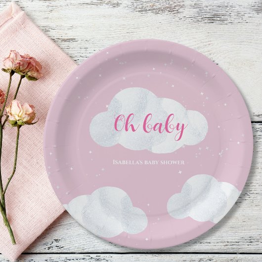Oh Baby Meisje Pink Clouds Sky Stars Baby shower Papieren Bordje