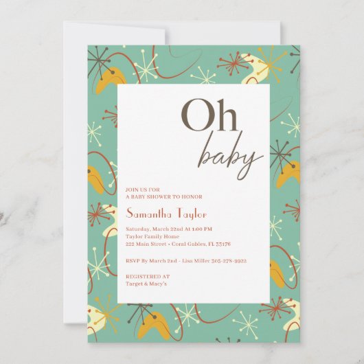"Oh Baby" Mid-Century Modern Baby shower Kaart (Voorkant)