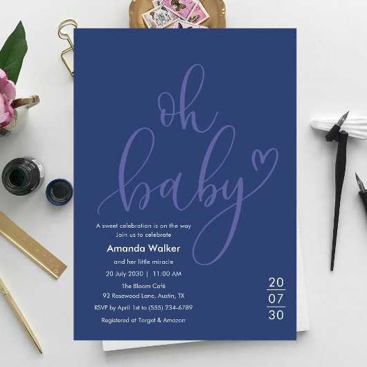 Oh Baby! Minimal Typography Blue Baby Shower Kaart
