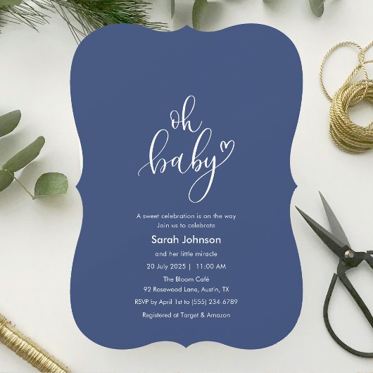 Oh Baby! Minimal Typography Blue Baby Shower Kaart