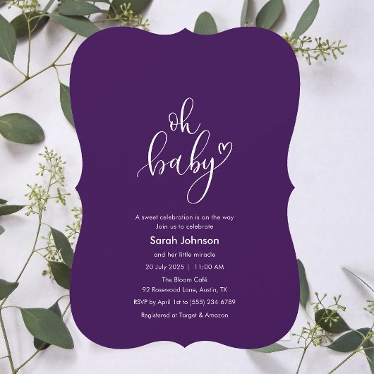 Oh Baby! Minimal Typography Purple Baby Shower Kaart