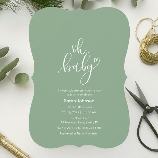 Oh Baby! Minimal Typography Sage Green Baby Shower Kaart