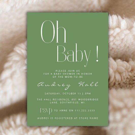 Oh Baby Minimalist Sage Green Modern Baby shower Kaart
