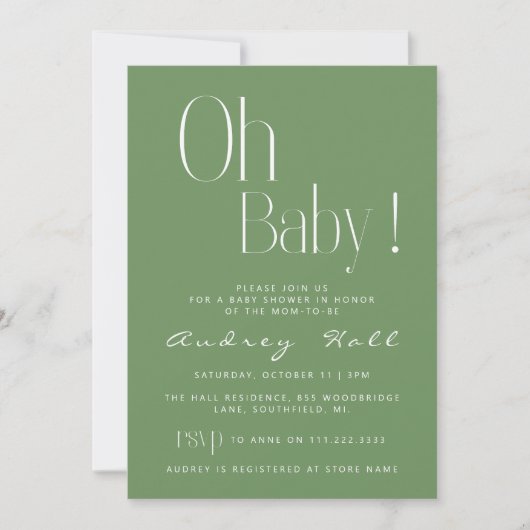 Oh Baby Minimalist Sage Green Modern Baby shower Kaart (Voorkant)