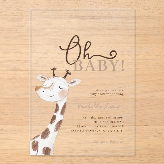 Oh Baby! Minimalistisch Giraffe Baby shower Acryl Uitnodigingen (Voorkant)