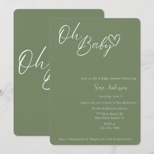 Oh Baby minimalistisch Sage Green Baby shower Kaart (Voorkant / Achterkant)
