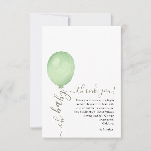 Oh Baby Minimalistisch Sage Green Balloon Baby sho Bedankkaart (Voorkant)