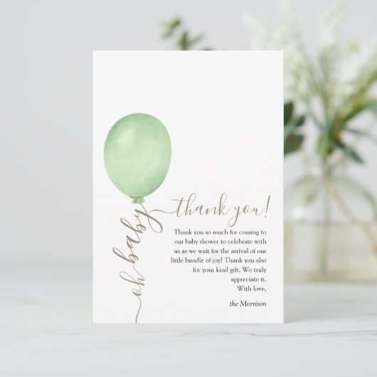 Oh Baby Minimalistisch Sage Green Balloon Baby sho Bedankkaart (Staand voorkant)