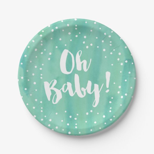 Oh Baby Mint Waterverf Baby shower Papieren Bordje (Voorkant)