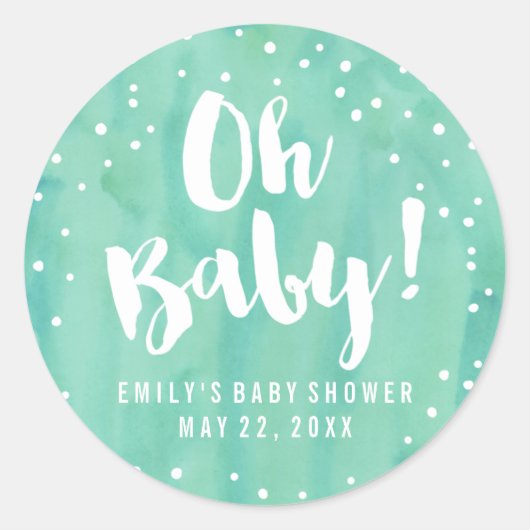 Oh Baby Mint Waterverf Baby shower Ronde Sticker (Voorkant)