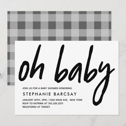 Oh Baby Modern Baby shower Gray Gingham Kaart (Voorkant / Achterkant)