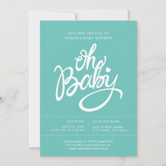 Oh Baby Modern Baby shower Invitation - Turquoise Kaart (Voorkant)