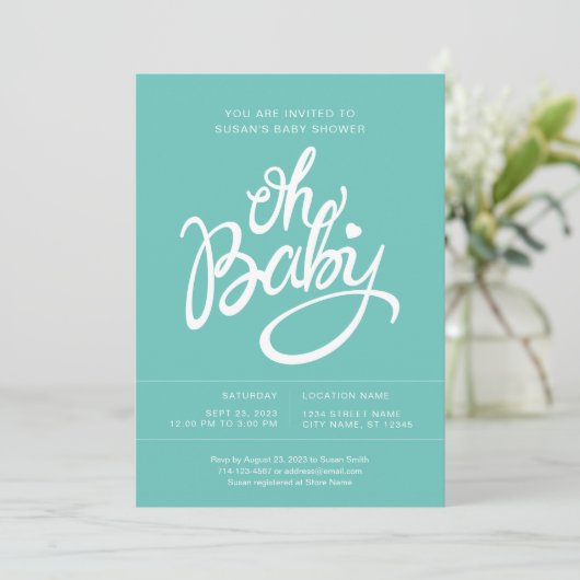 Oh Baby Modern Baby shower Invitation - Turquoise Kaart (Staand voorkant)