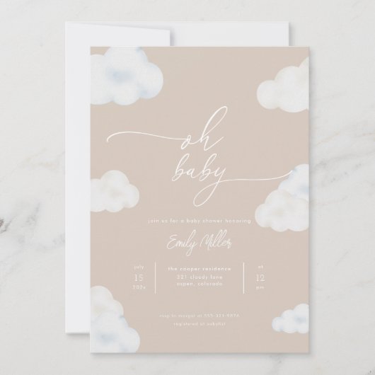 Oh Baby Modern Beige Cloud Baby shower Invitation Kaart (Voorkant)
